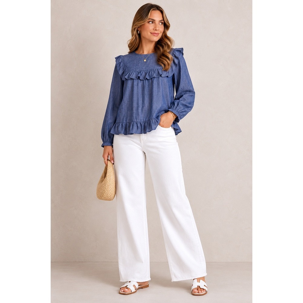 Jill Stuart Blue Chambray Ruffle Long Sleeve Blouse XS JSM30003C